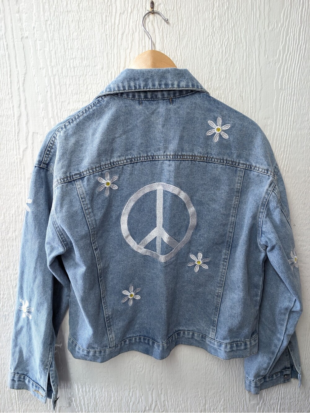 Miss Sparkling Denim Jacket Floral Peace Sign Boho Casual Retro Earthy Size XL